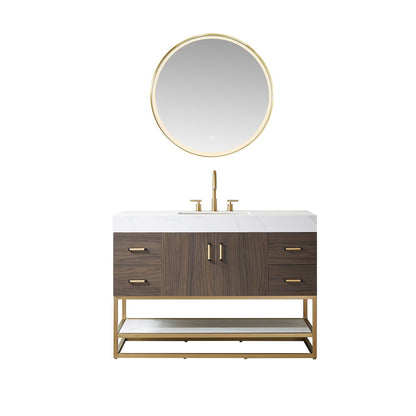 Vinnova Toledo 48" Single Sink Bath Vanity In Dark Walnut Finish With White Sintered Stone Top And Mirror