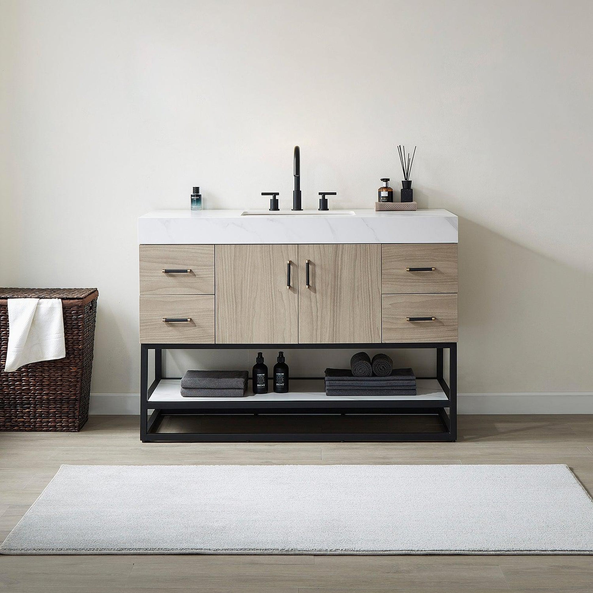 Vinnova Toledo 48" Single Sink Bath Vanity In Light Walnut Finish With White Sintered Stone Top