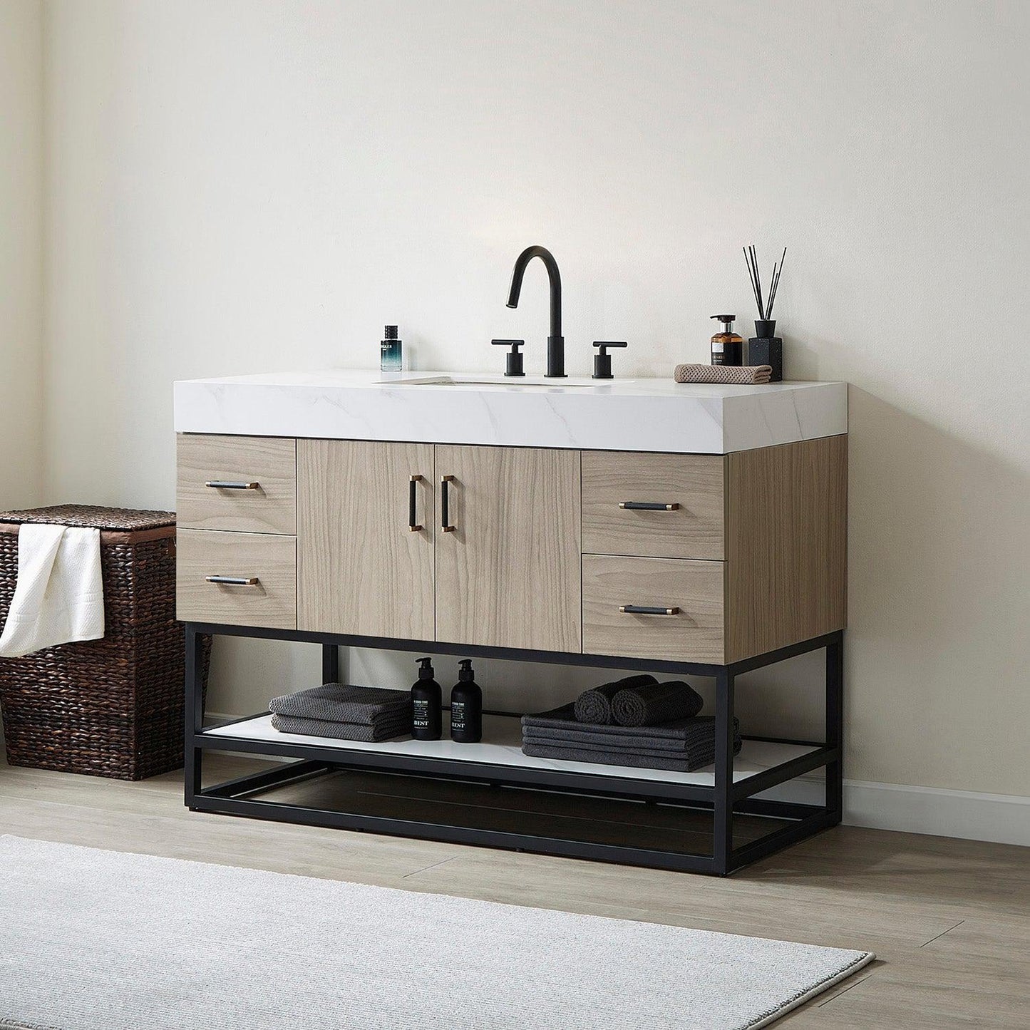 Vinnova Toledo 48" Single Sink Bath Vanity In Light Walnut Finish With White Sintered Stone Top