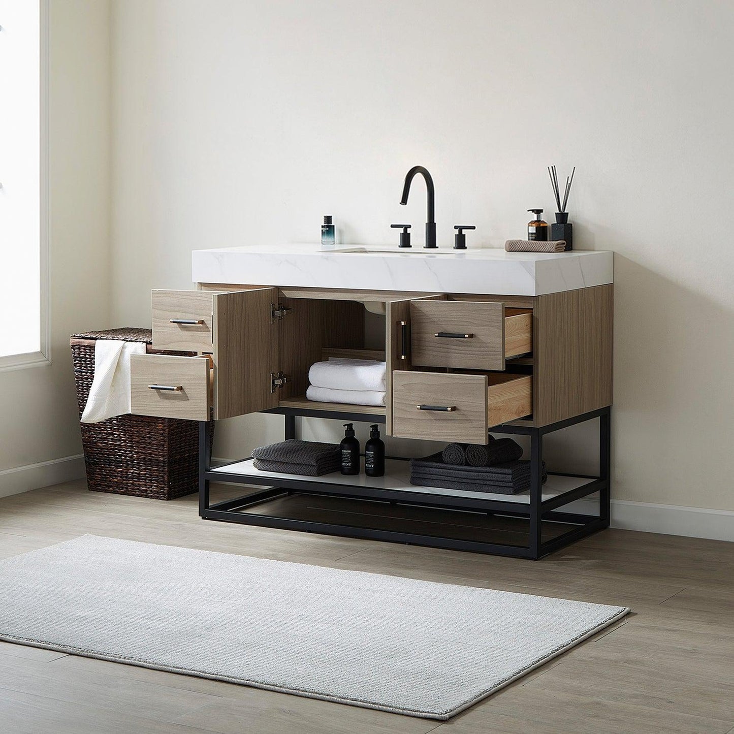 Vinnova Toledo 48" Single Sink Bath Vanity In Light Walnut Finish With White Sintered Stone Top