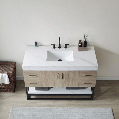 Vinnova Toledo 48" Single Sink Bath Vanity In Light Walnut Finish With White Sintered Stone Top