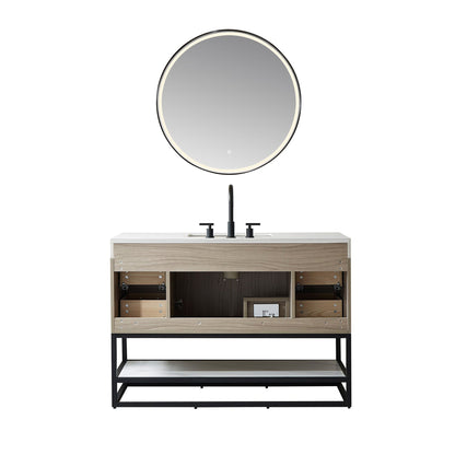 Vinnova Toledo 48" Single Sink Bath Vanity In Light Walnut Finish With White Sintered Stone Top And Mirror