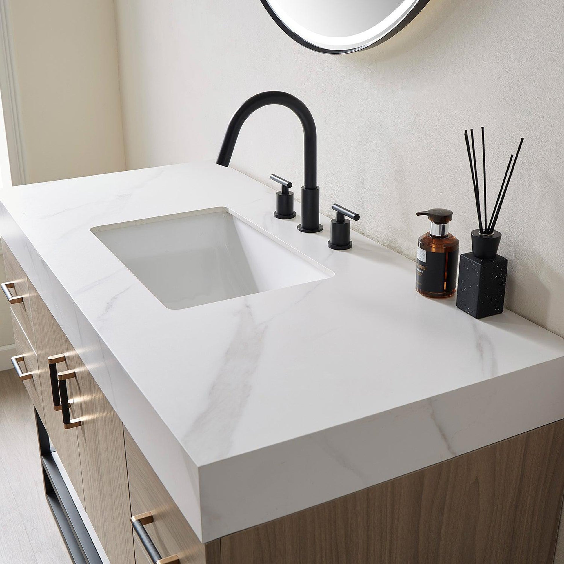 Vinnova Toledo 48" Single Sink Bath Vanity In Light Walnut Finish With White Sintered Stone Top And Mirror