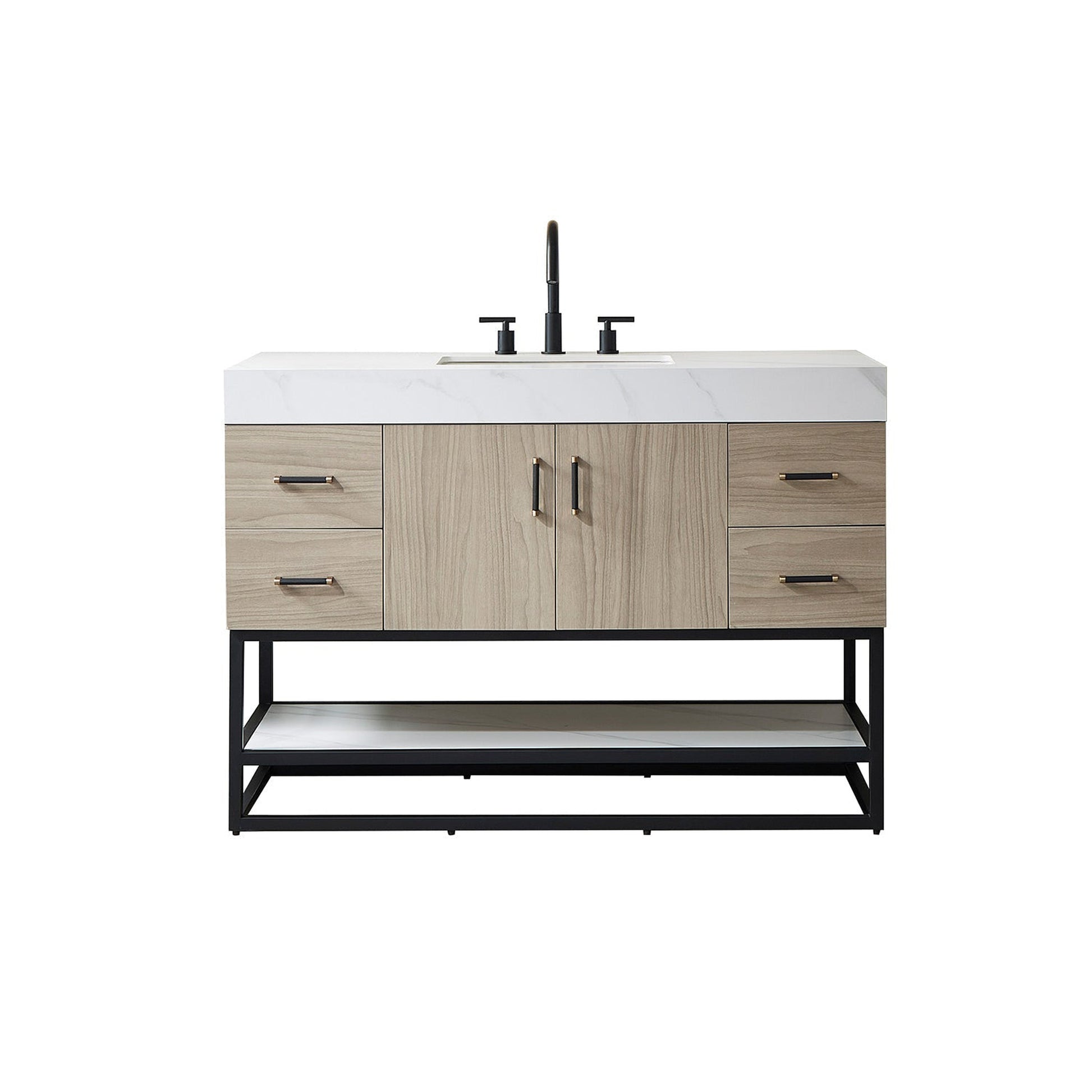 Vinnova Toledo 48" Single Sink Bath Vanity In Light Walnut Finish With White Sintered Stone Top