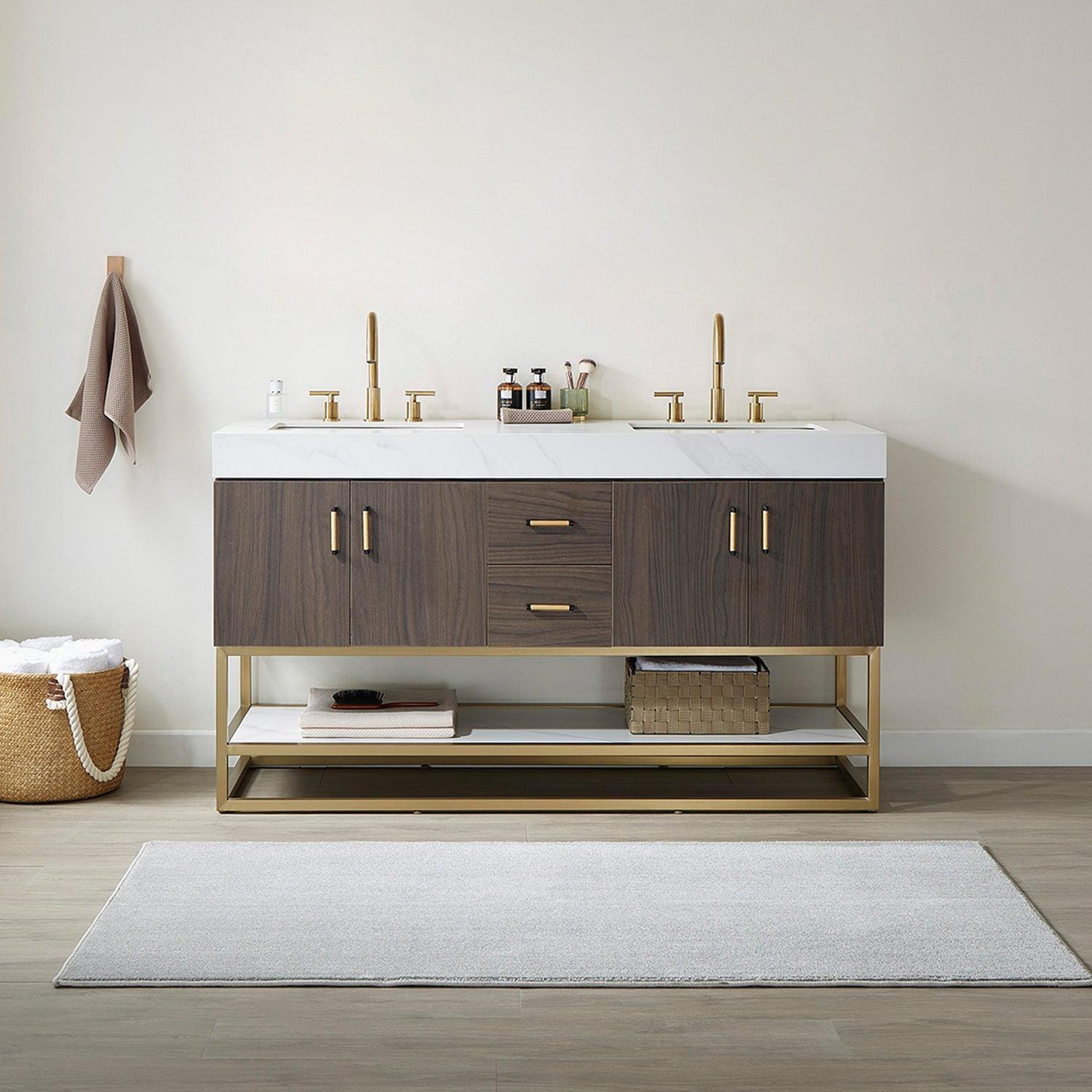 Vinnova Toledo 60" Double Sink Bath Vanity In Dark Walnut Finish With White Sintered Stone Top