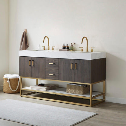 Vinnova Toledo 60" Double Sink Bath Vanity In Dark Walnut Finish With White Sintered Stone Top