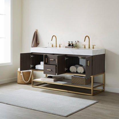 Vinnova Toledo 60" Double Sink Bath Vanity In Dark Walnut Finish With White Sintered Stone Top