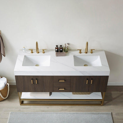 Vinnova Toledo 60" Double Sink Bath Vanity In Dark Walnut Finish With White Sintered Stone Top