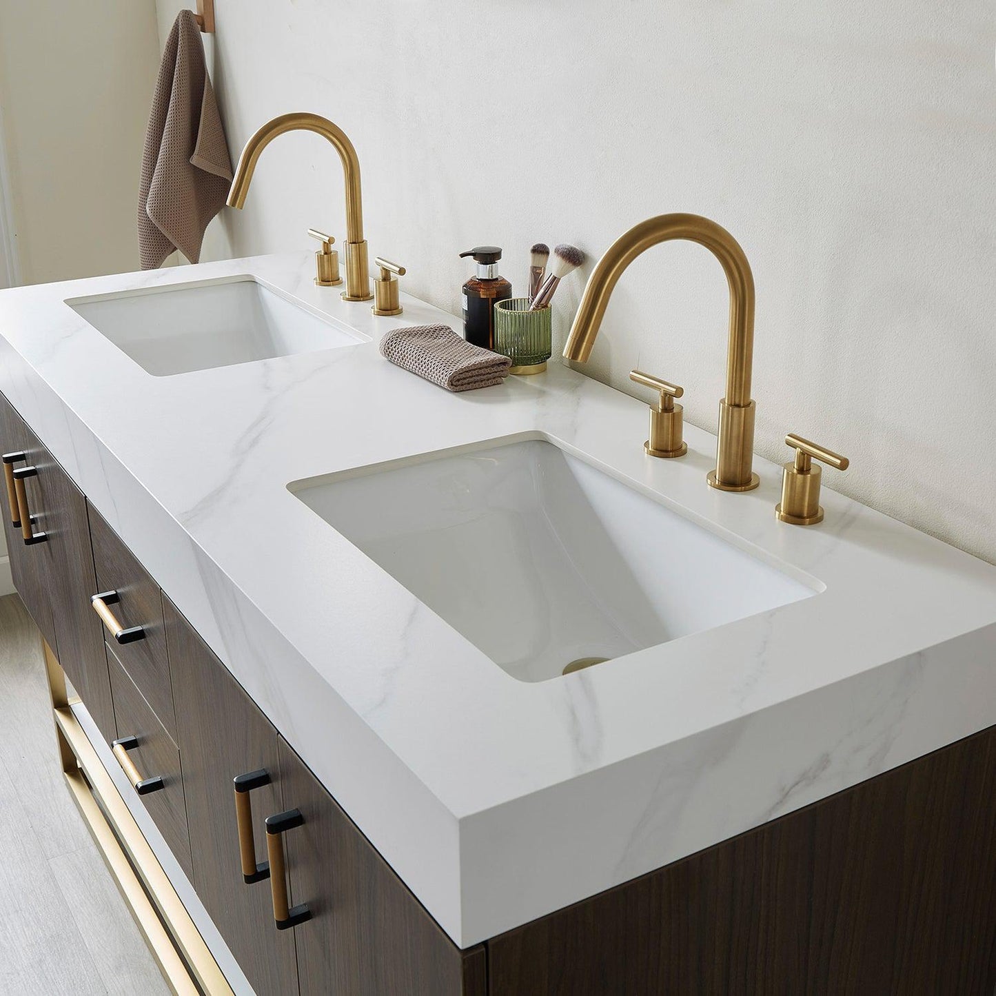 Vinnova Toledo 60" Double Sink Bath Vanity In Dark Walnut Finish With White Sintered Stone Top