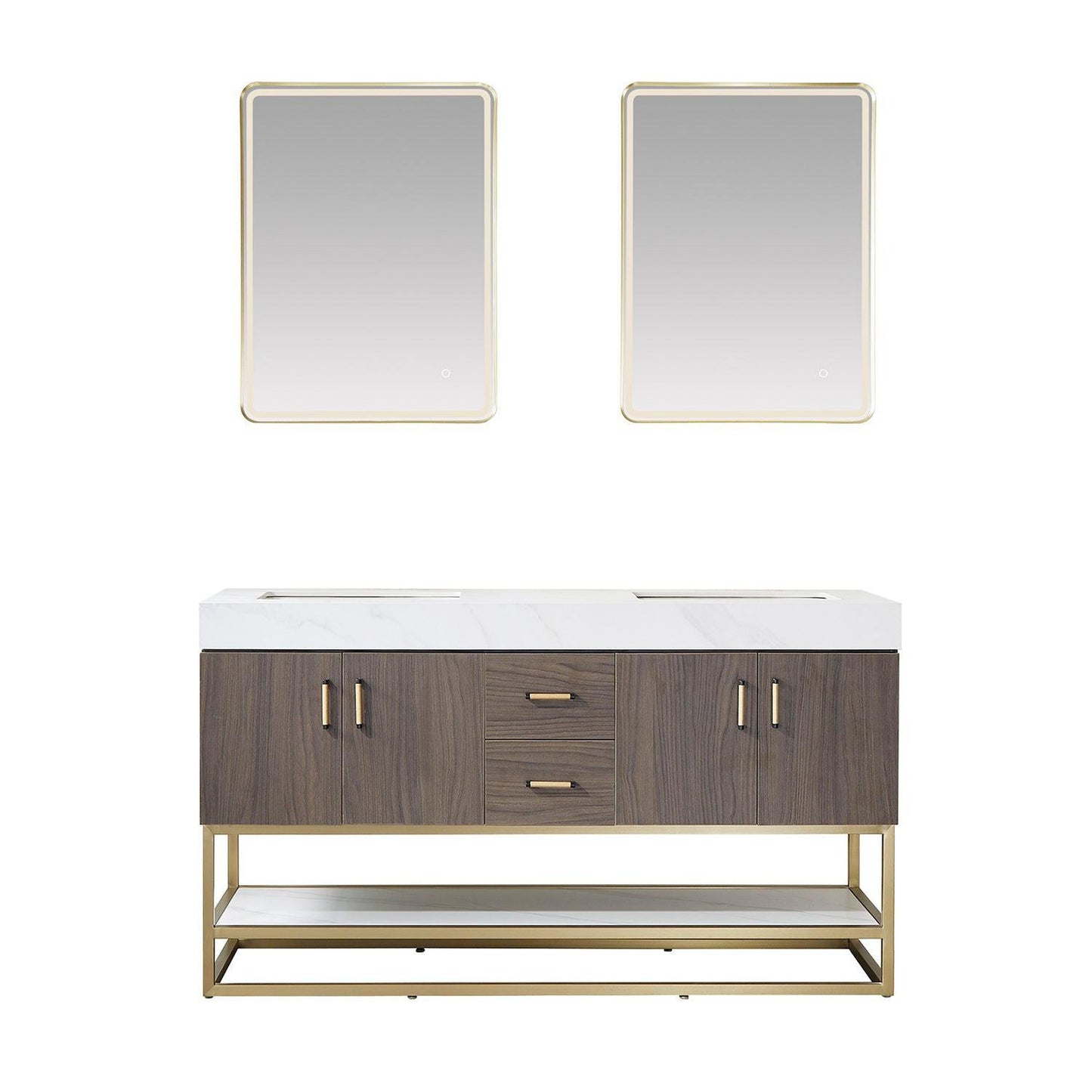 Vinnova Toledo 60" Double Sink Bath Vanity In Dark Walnut Finish With White Sintered Stone Top And Mirror