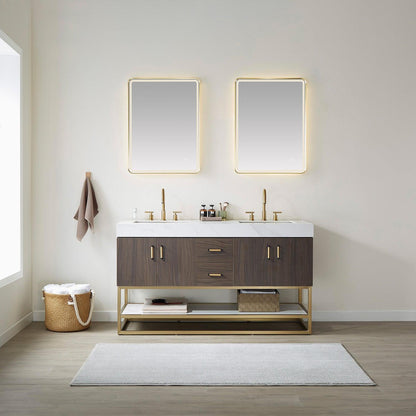 Vinnova Toledo 60" Double Sink Bath Vanity In Dark Walnut Finish With White Sintered Stone Top And Mirror