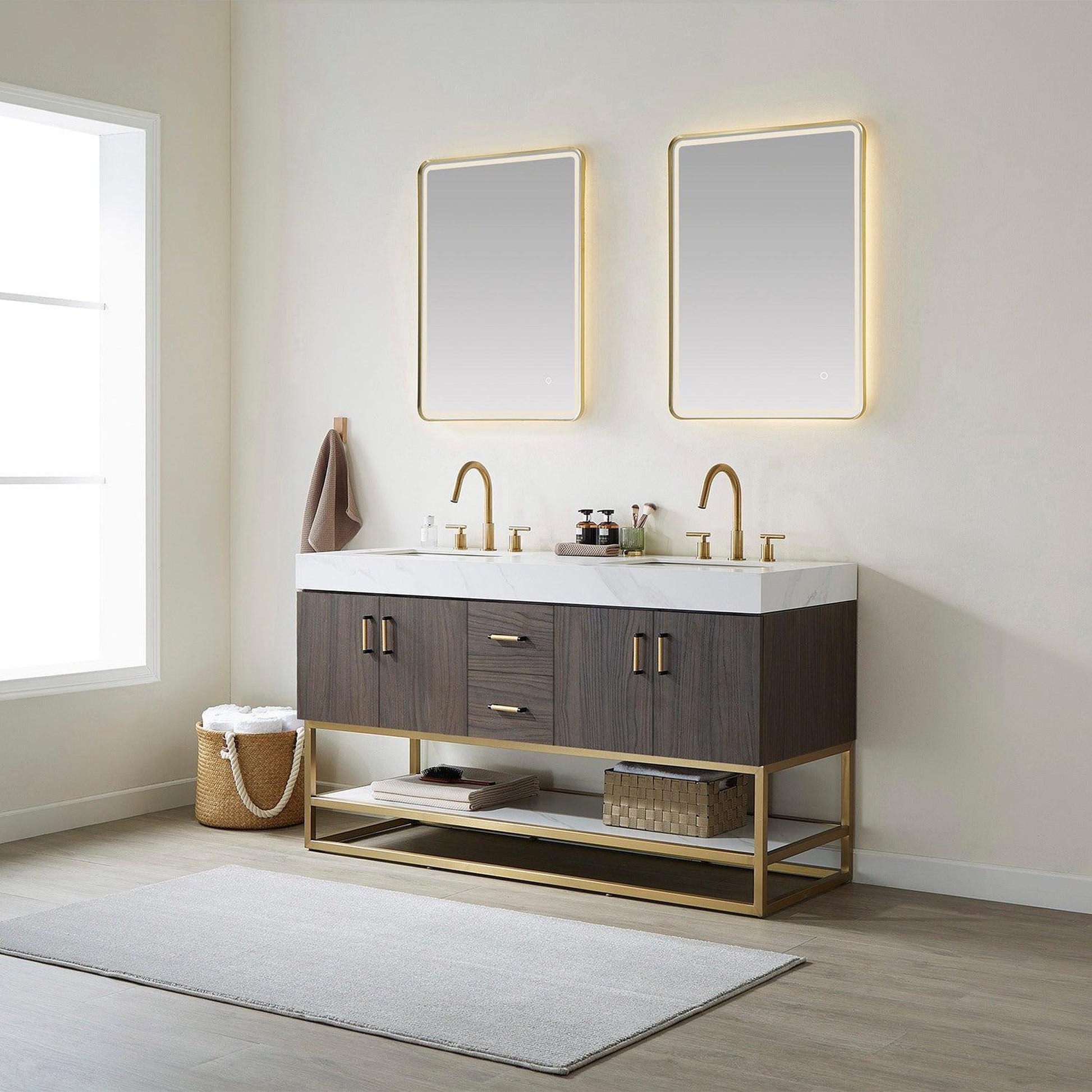 Vinnova Toledo 60" Double Sink Bath Vanity In Dark Walnut Finish With White Sintered Stone Top And Mirror