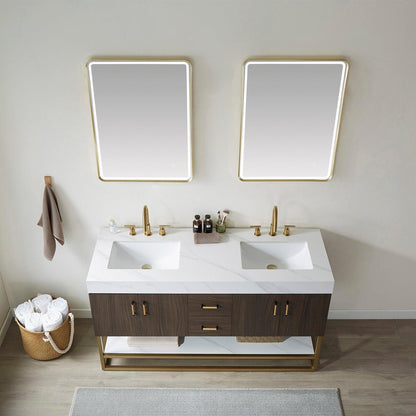 Vinnova Toledo 60" Double Sink Bath Vanity In Dark Walnut Finish With White Sintered Stone Top And Mirror