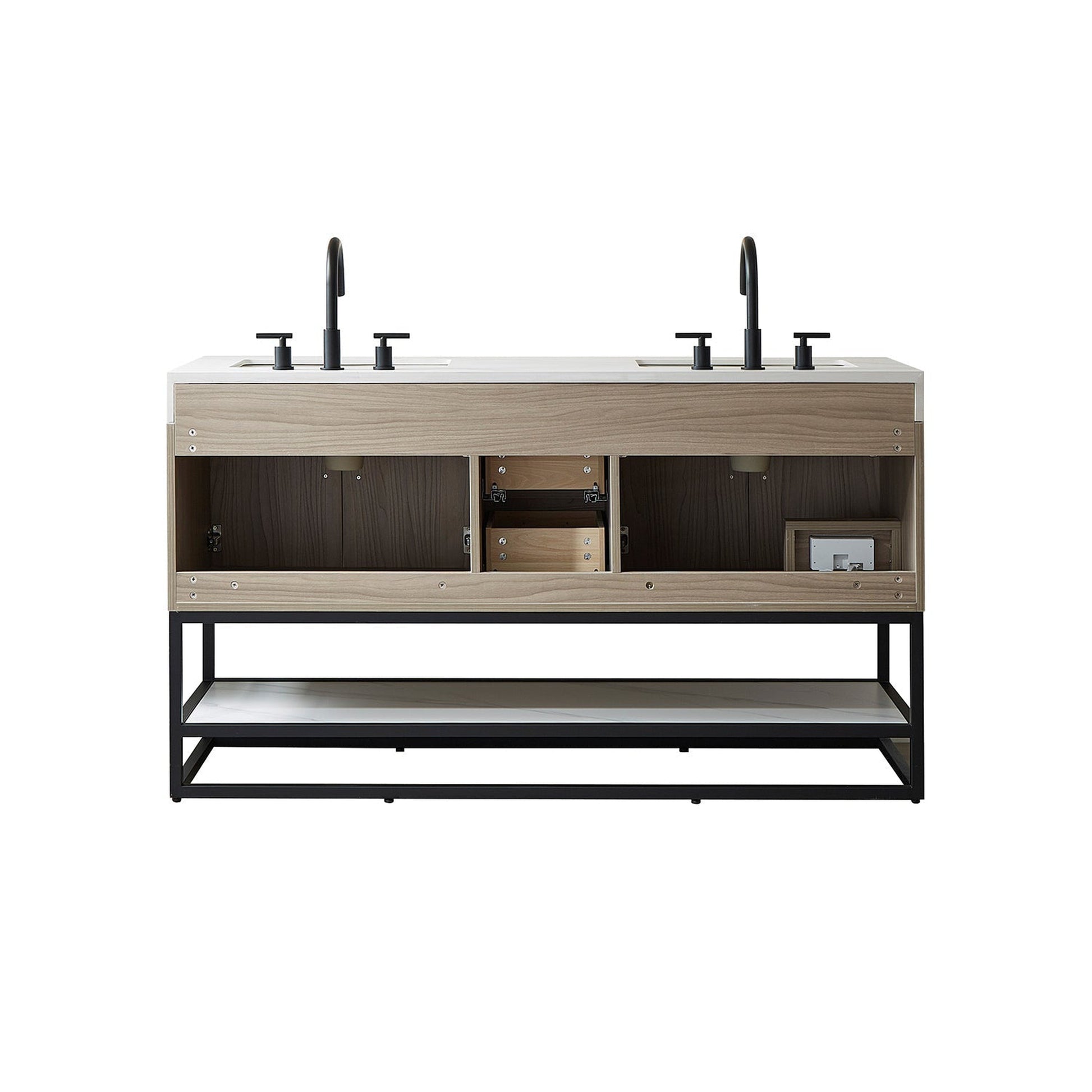 Vinnova Toledo 60" Double Sink Bath Vanity In Light Walnut Finish With White Sintered Stone Top