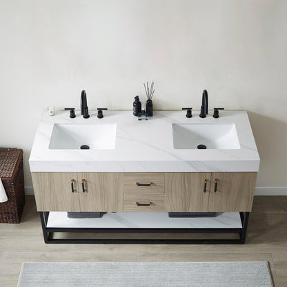 Vinnova Toledo 60" Double Sink Bath Vanity In Light Walnut Finish With White Sintered Stone Top