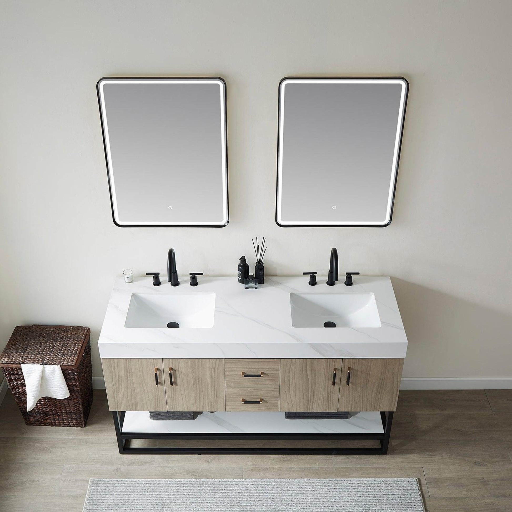 Vinnova Toledo 60" Double Sink Bath Vanity In Light Walnut Finish With White Sintered Stone Top And Mirror