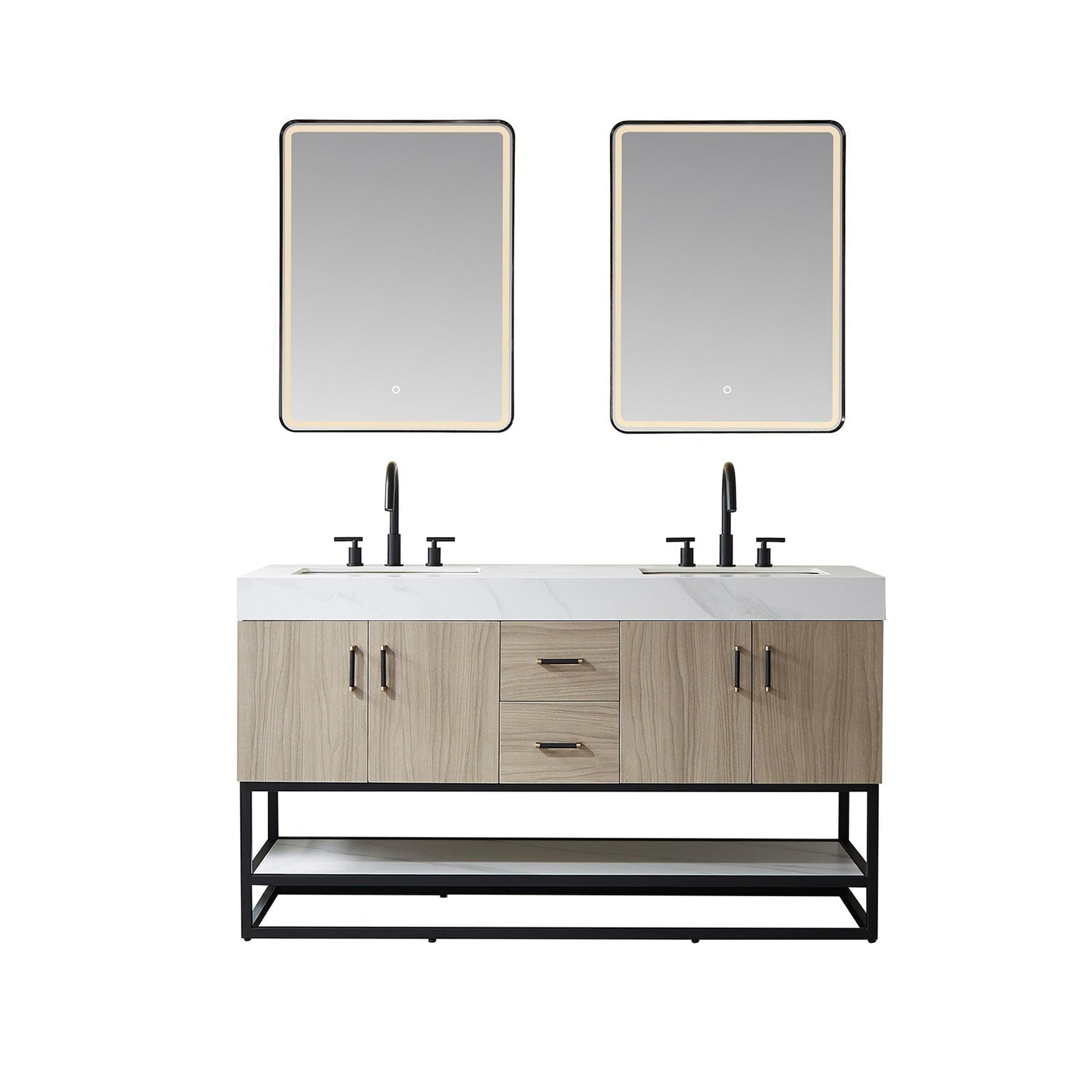 Vinnova Toledo 60" Double Sink Bath Vanity In Light Walnut Finish With White Sintered Stone Top And Mirror
