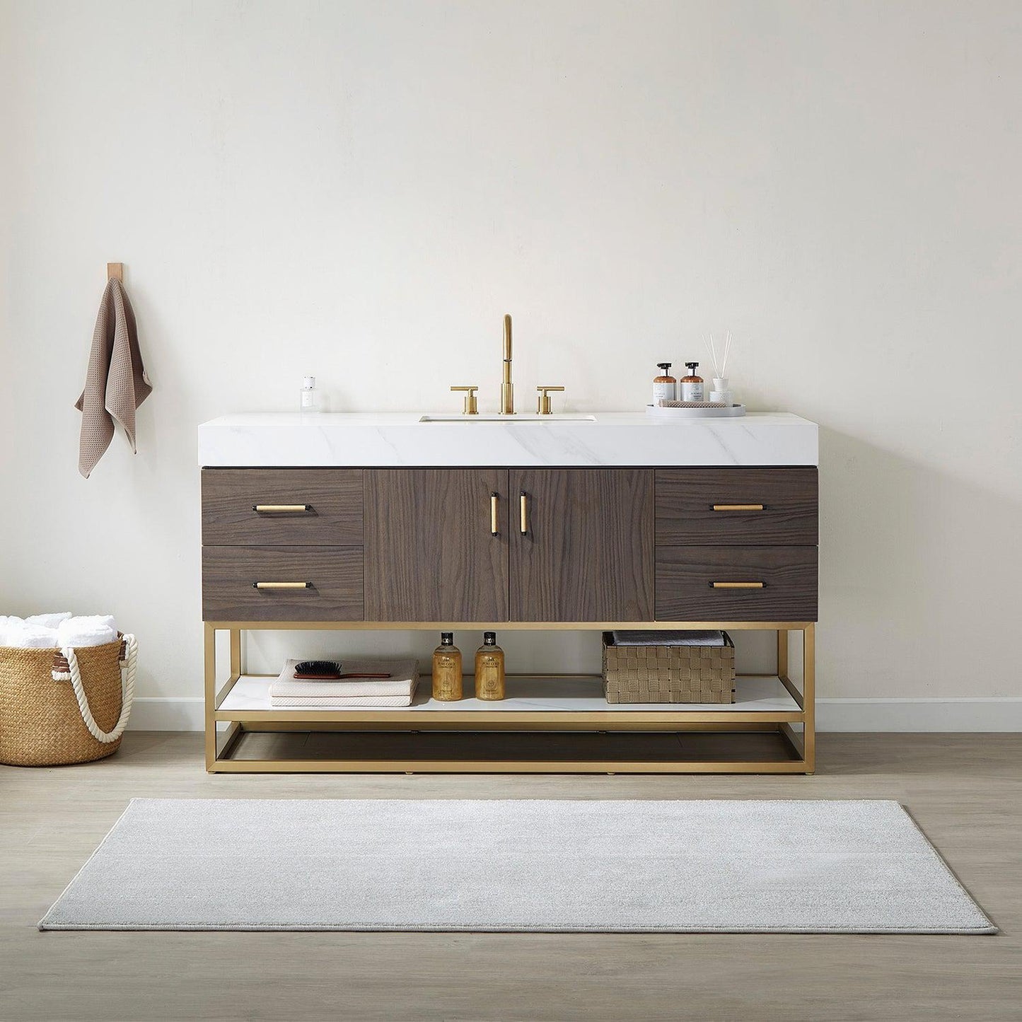 Vinnova Toledo 60" Single Sink Bath Vanity In Dark Walnut Finish With White Sintered Stone Top