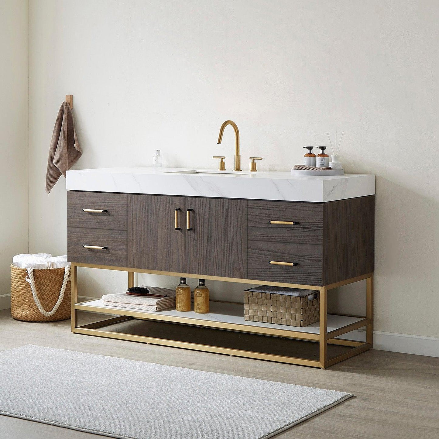 Vinnova Toledo 60" Single Sink Bath Vanity In Dark Walnut Finish With White Sintered Stone Top