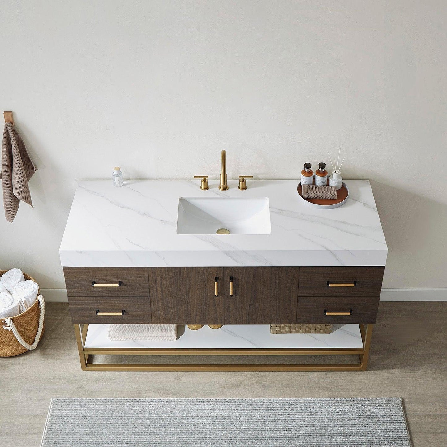 Vinnova Toledo 60" Single Sink Bath Vanity In Dark Walnut Finish With White Sintered Stone Top
