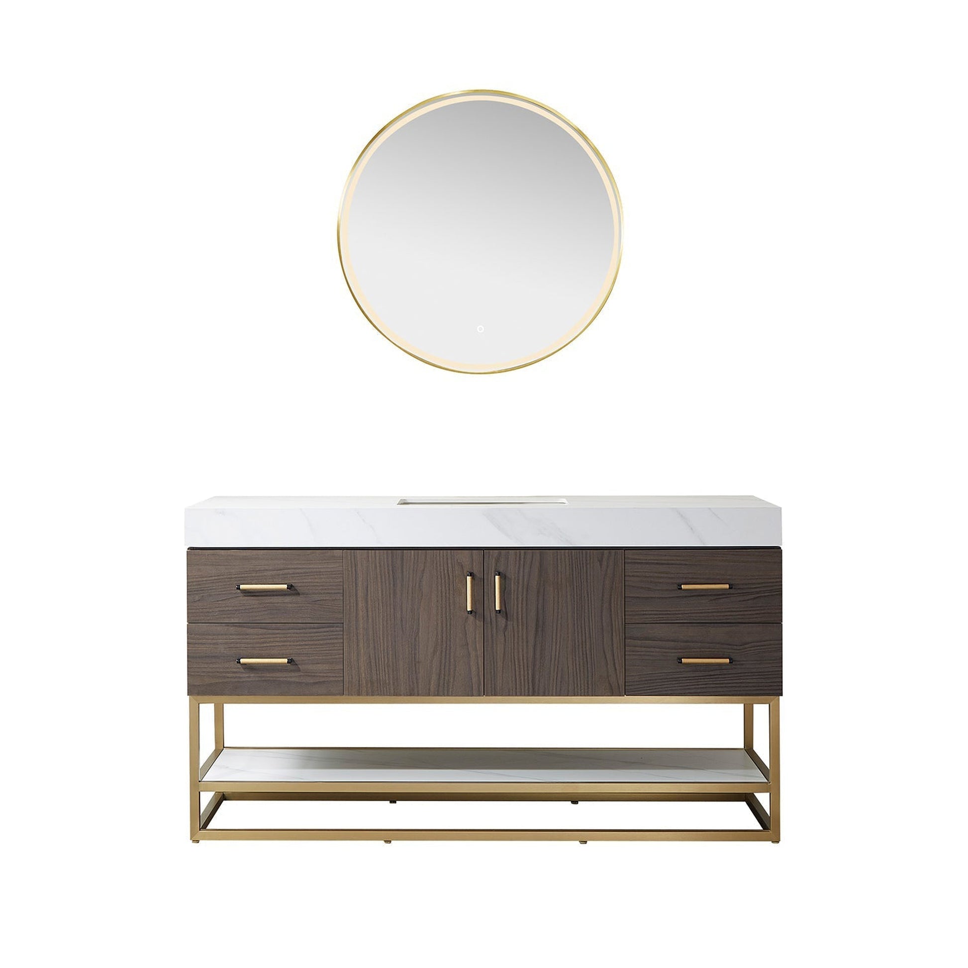 Vinnova Toledo 60" Single Sink Bath Vanity In Dark Walnut Finish With White Sintered Stone Top And Mirror