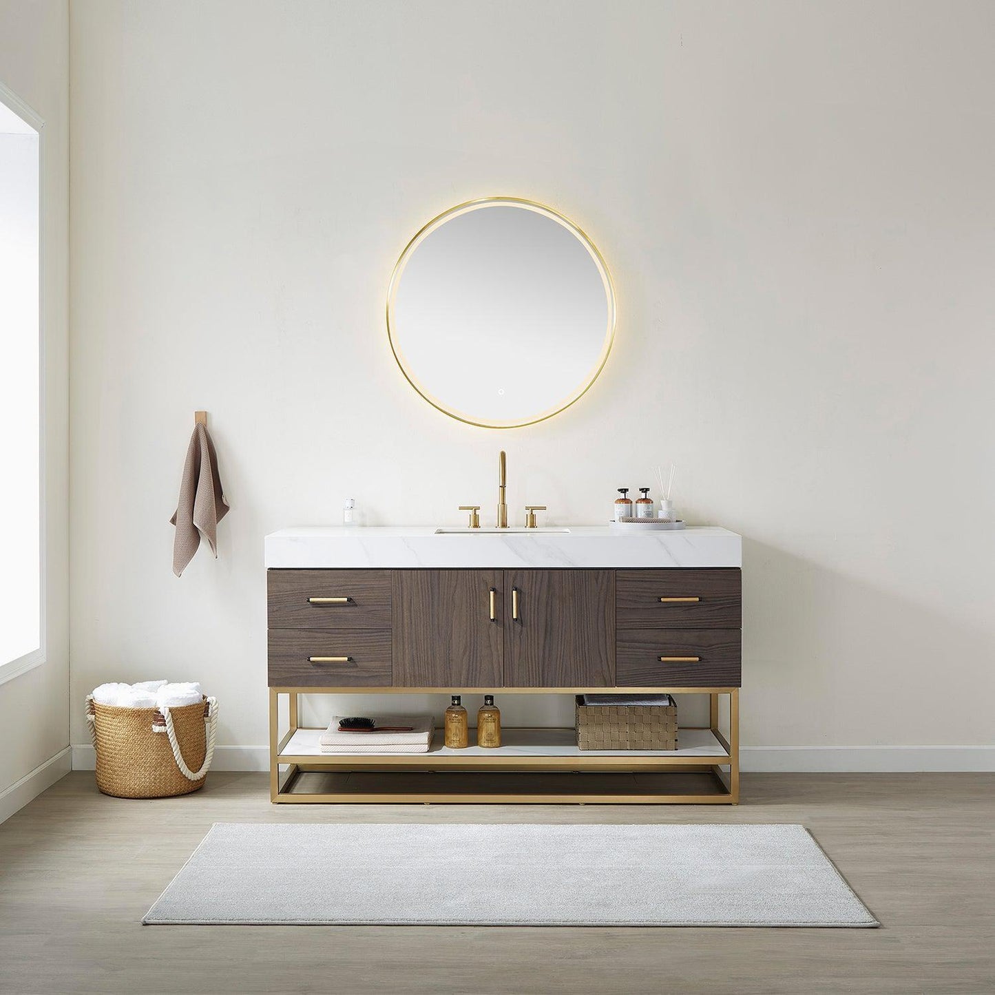 Vinnova Toledo 60" Single Sink Bath Vanity In Dark Walnut Finish With White Sintered Stone Top And Mirror