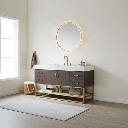 Vinnova Toledo 60" Single Sink Bath Vanity In Dark Walnut Finish With White Sintered Stone Top And Mirror