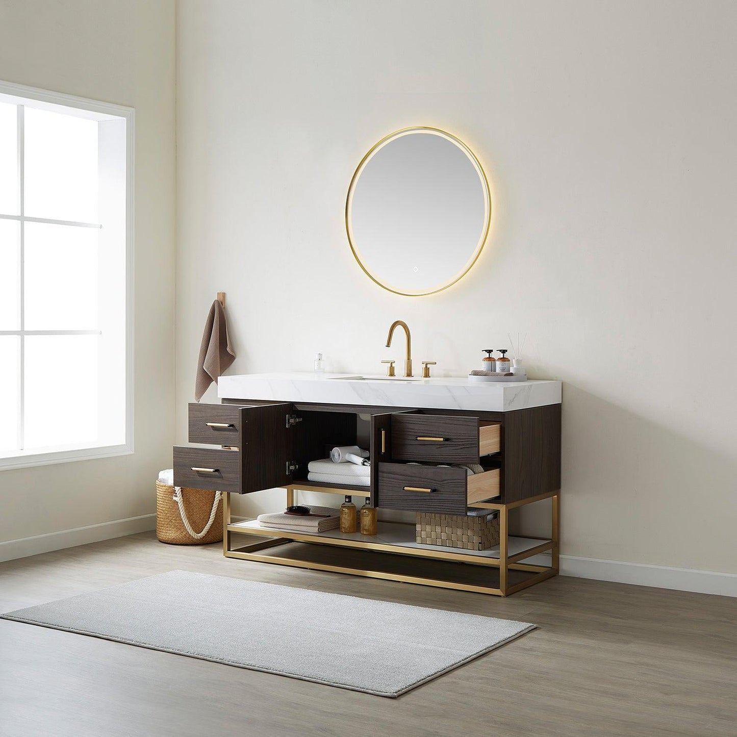 Vinnova Toledo 60" Single Sink Bath Vanity In Dark Walnut Finish With White Sintered Stone Top And Mirror