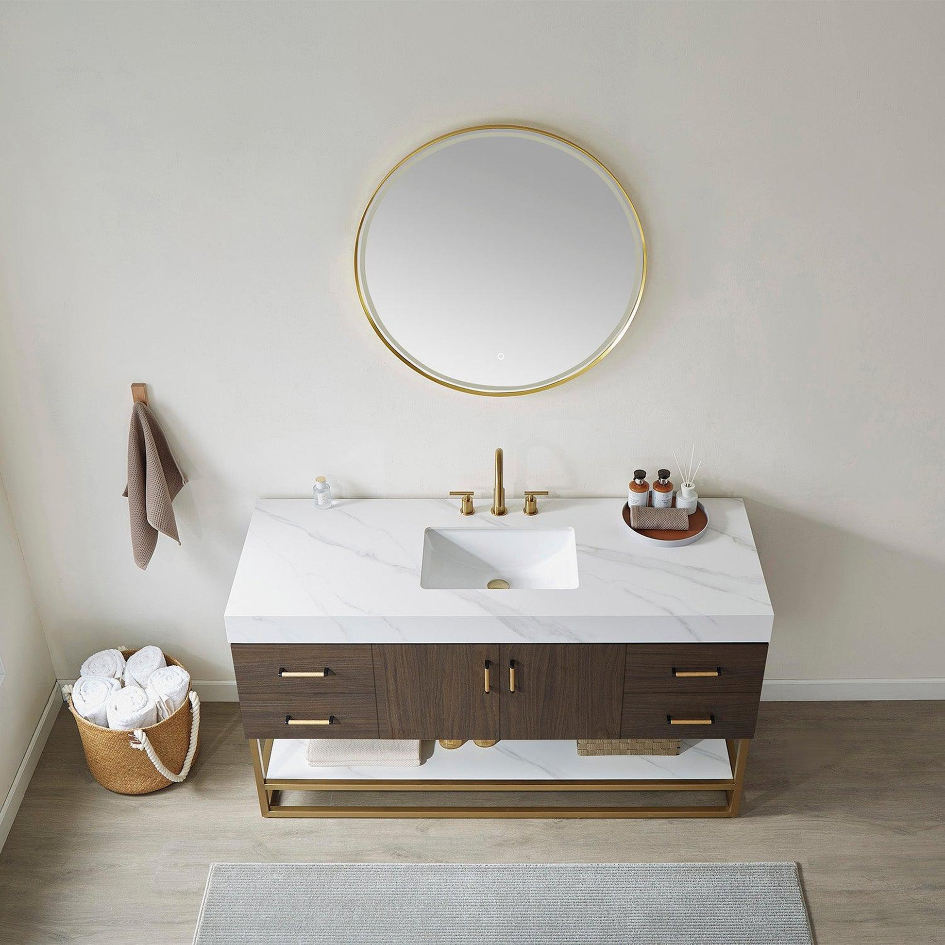 Vinnova Toledo 60" Single Sink Bath Vanity In Dark Walnut Finish With White Sintered Stone Top And Mirror