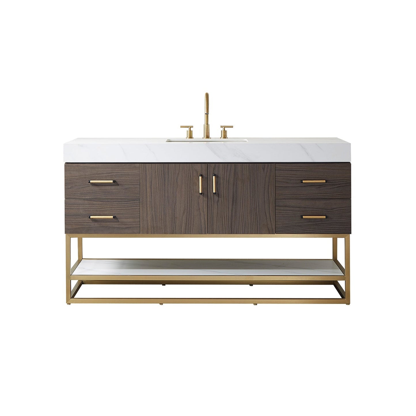 Vinnova Toledo 60" Single Sink Bath Vanity In Dark Walnut Finish With White Sintered Stone Top