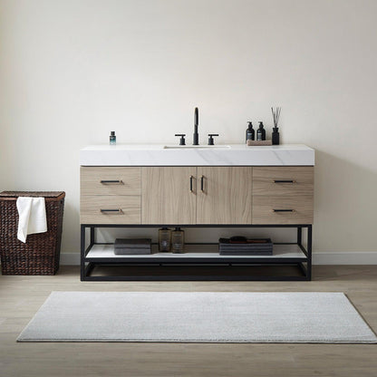 Vinnova Toledo 60" Single Sink Bath Vanity In Light Walnut Finish With White Sintered Stone Top