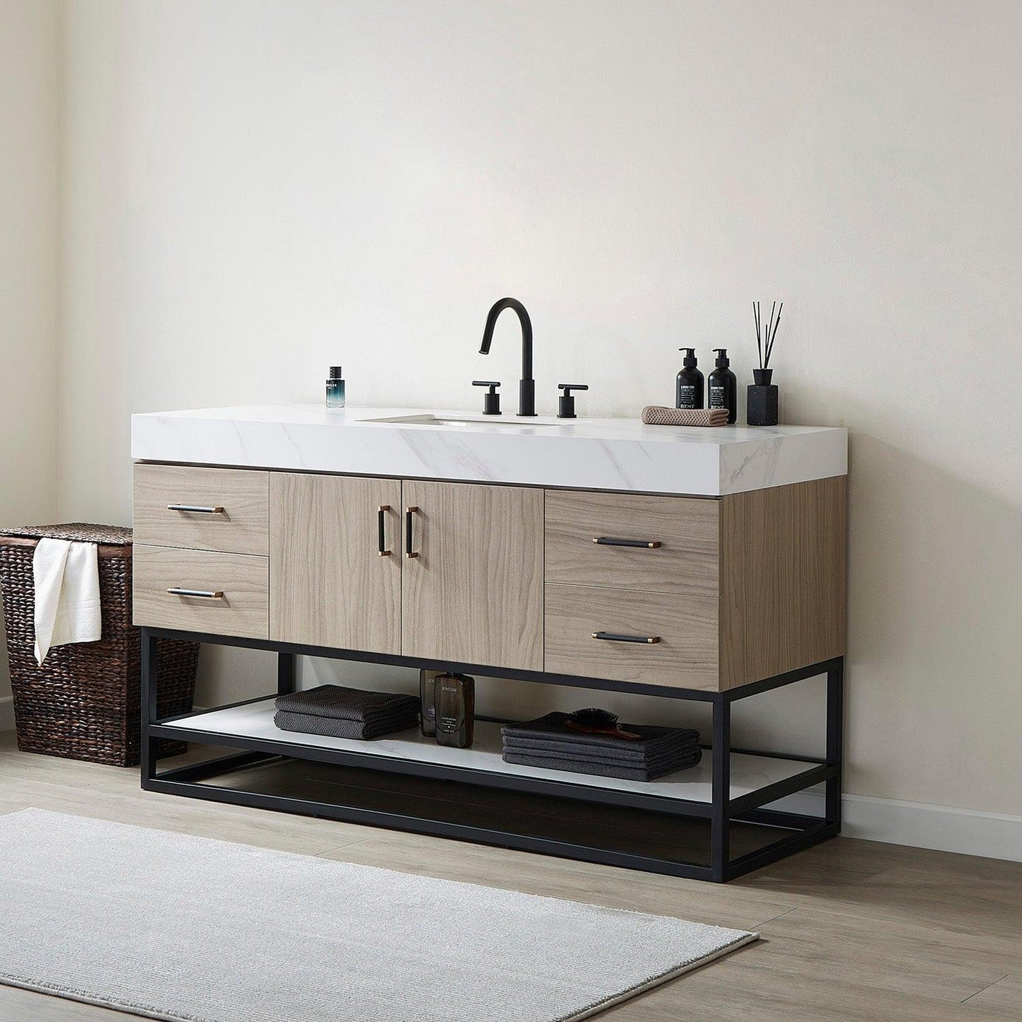 Vinnova Toledo 60" Single Sink Bath Vanity In Light Walnut Finish With White Sintered Stone Top