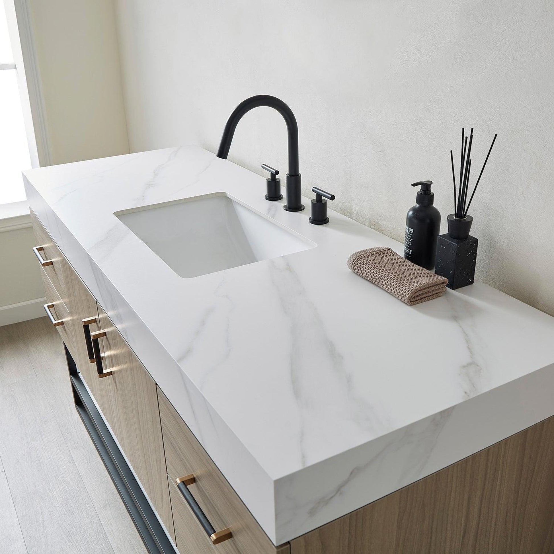 Vinnova Toledo 60" Single Sink Bath Vanity In Light Walnut Finish With White Sintered Stone Top
