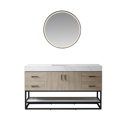 Vinnova Toledo 60" Single Sink Bath Vanity In Light Walnut Finish With White Sintered Stone Top And Mirror