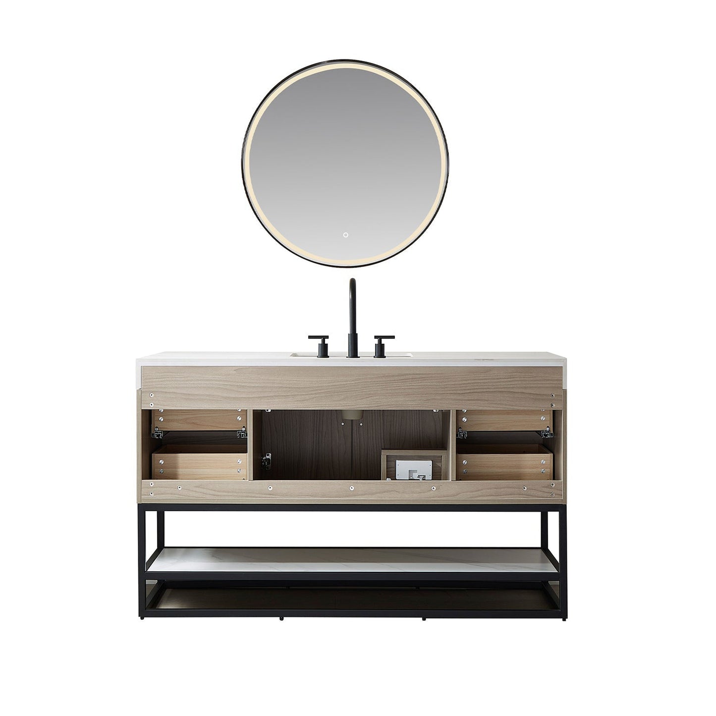 Vinnova Toledo 60" Single Sink Bath Vanity In Light Walnut Finish With White Sintered Stone Top And Mirror