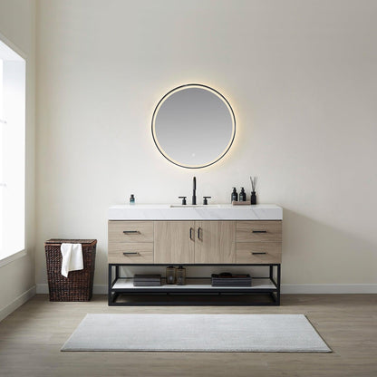 Vinnova Toledo 60" Single Sink Bath Vanity In Light Walnut Finish With White Sintered Stone Top And Mirror