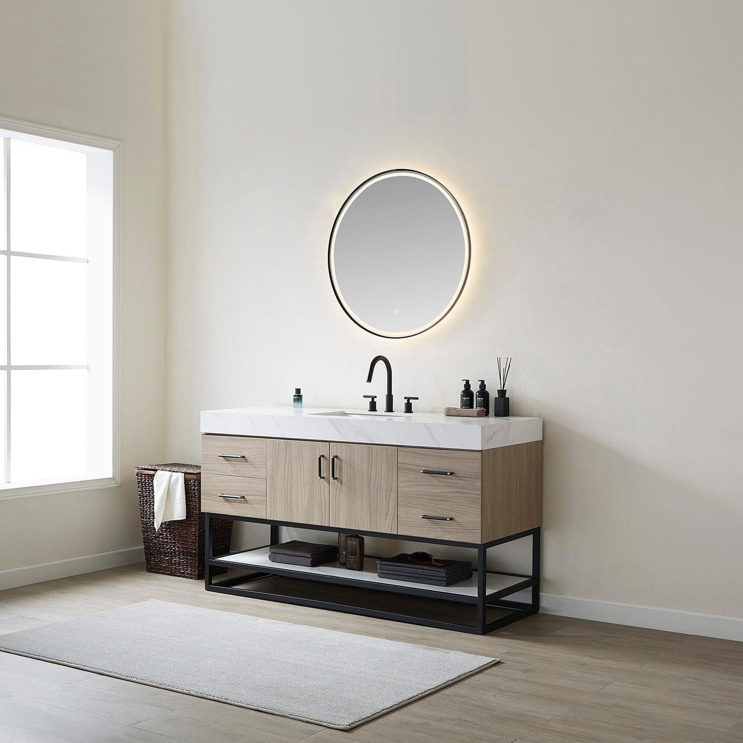 Vinnova Toledo 60" Single Sink Bath Vanity In Light Walnut Finish With White Sintered Stone Top And Mirror