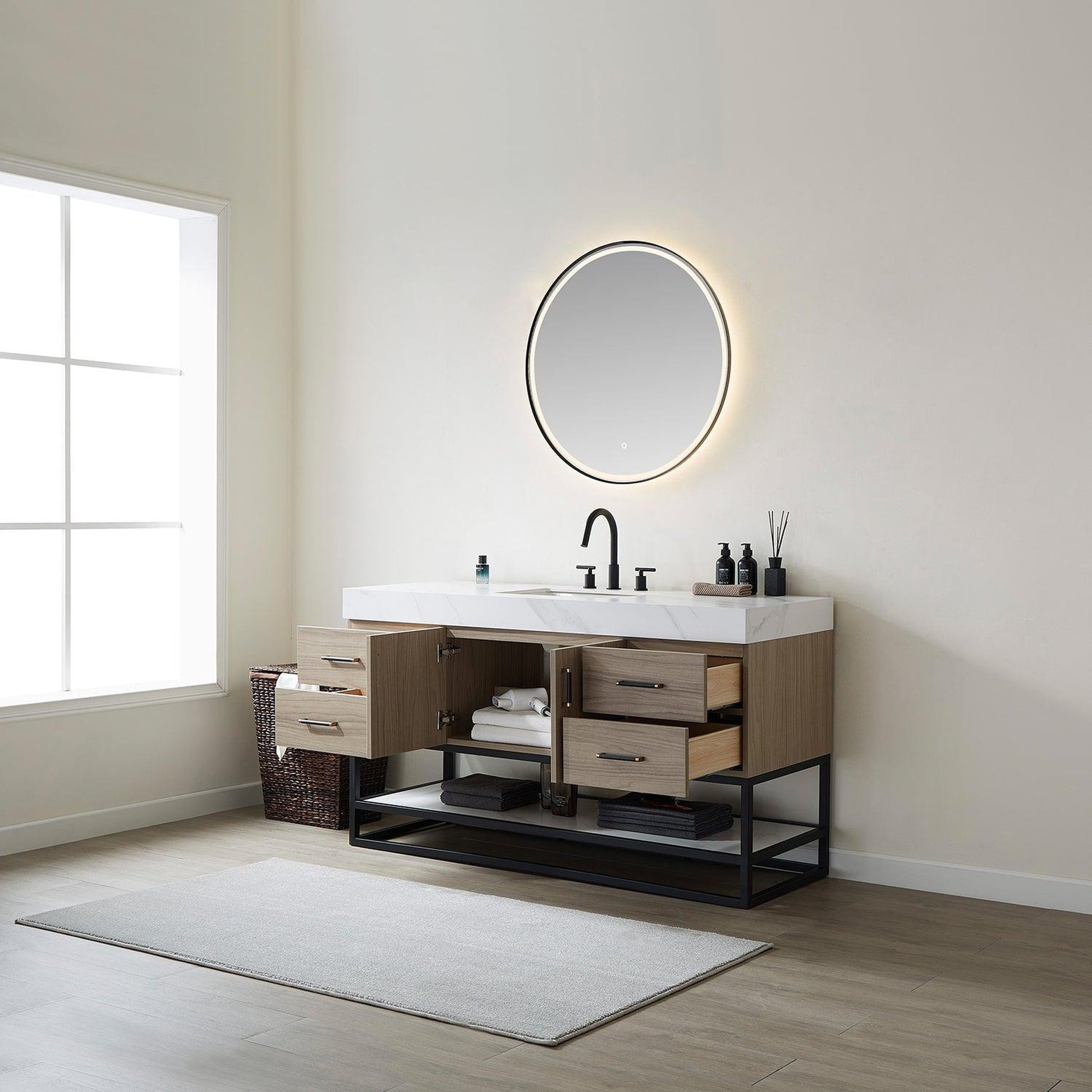 Vinnova Toledo 60" Single Sink Bath Vanity In Light Walnut Finish With White Sintered Stone Top And Mirror