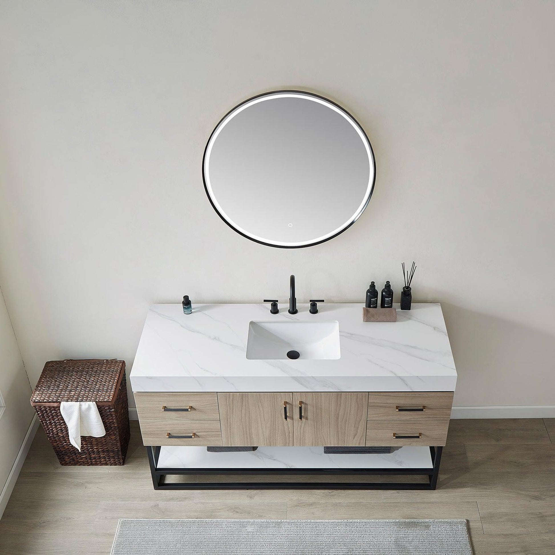 Vinnova Toledo 60" Single Sink Bath Vanity In Light Walnut Finish With White Sintered Stone Top And Mirror