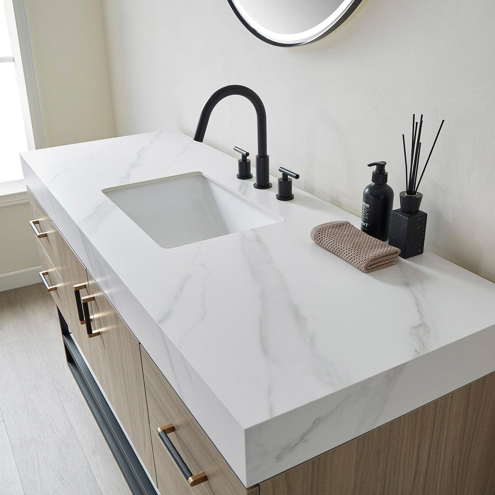 Vinnova Toledo 60" Single Sink Bath Vanity In Light Walnut Finish With White Sintered Stone Top And Mirror
