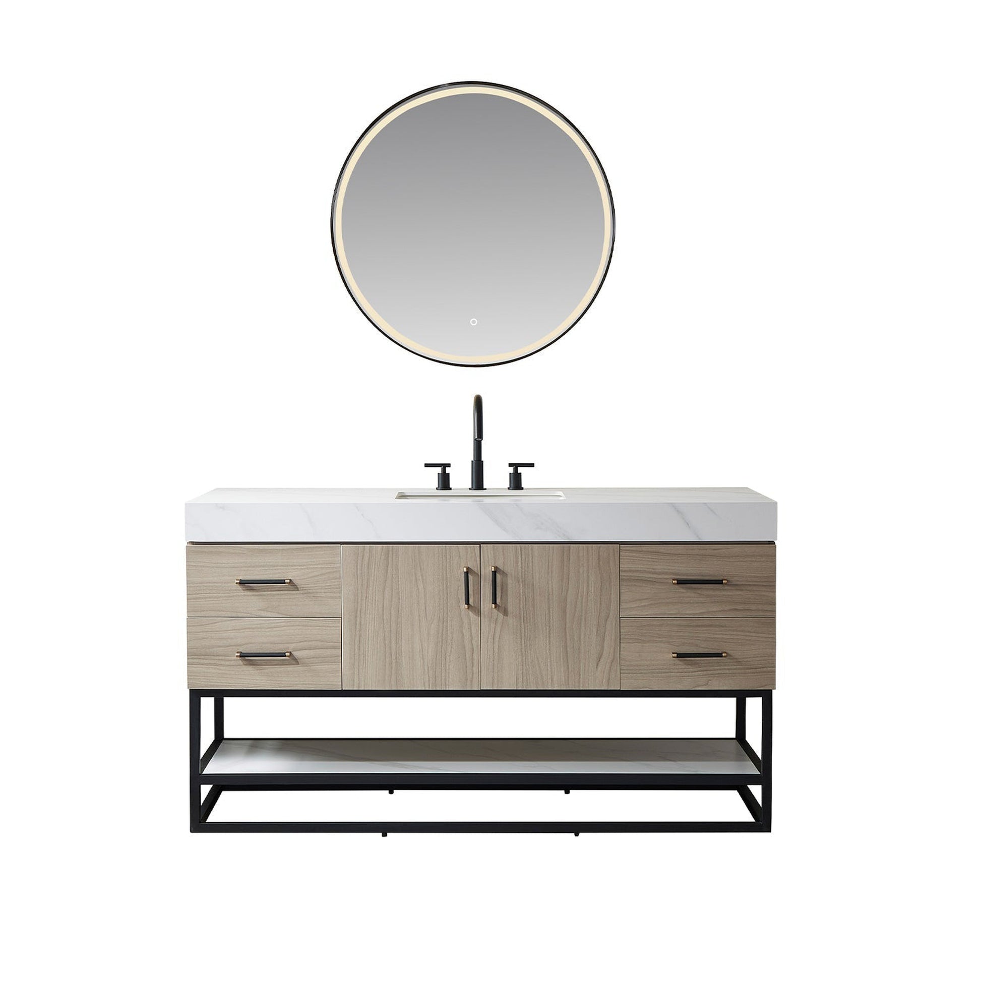 Vinnova Toledo 60" Single Sink Bath Vanity In Light Walnut Finish With White Sintered Stone Top And Mirror