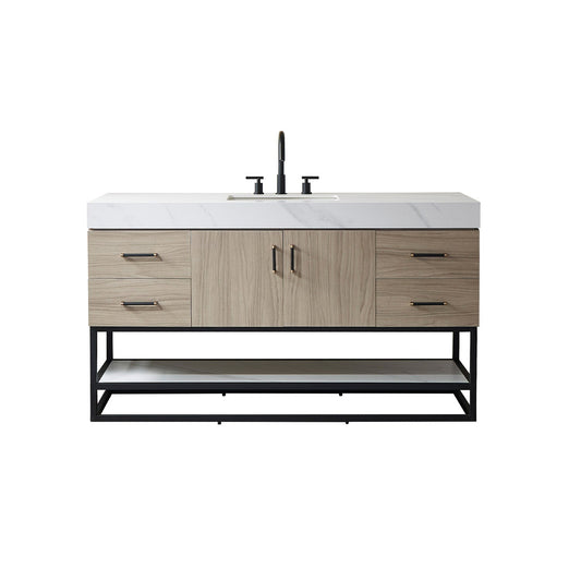 Vinnova Toledo 60" Single Sink Bath Vanity In Light Walnut Finish With White Sintered Stone Top