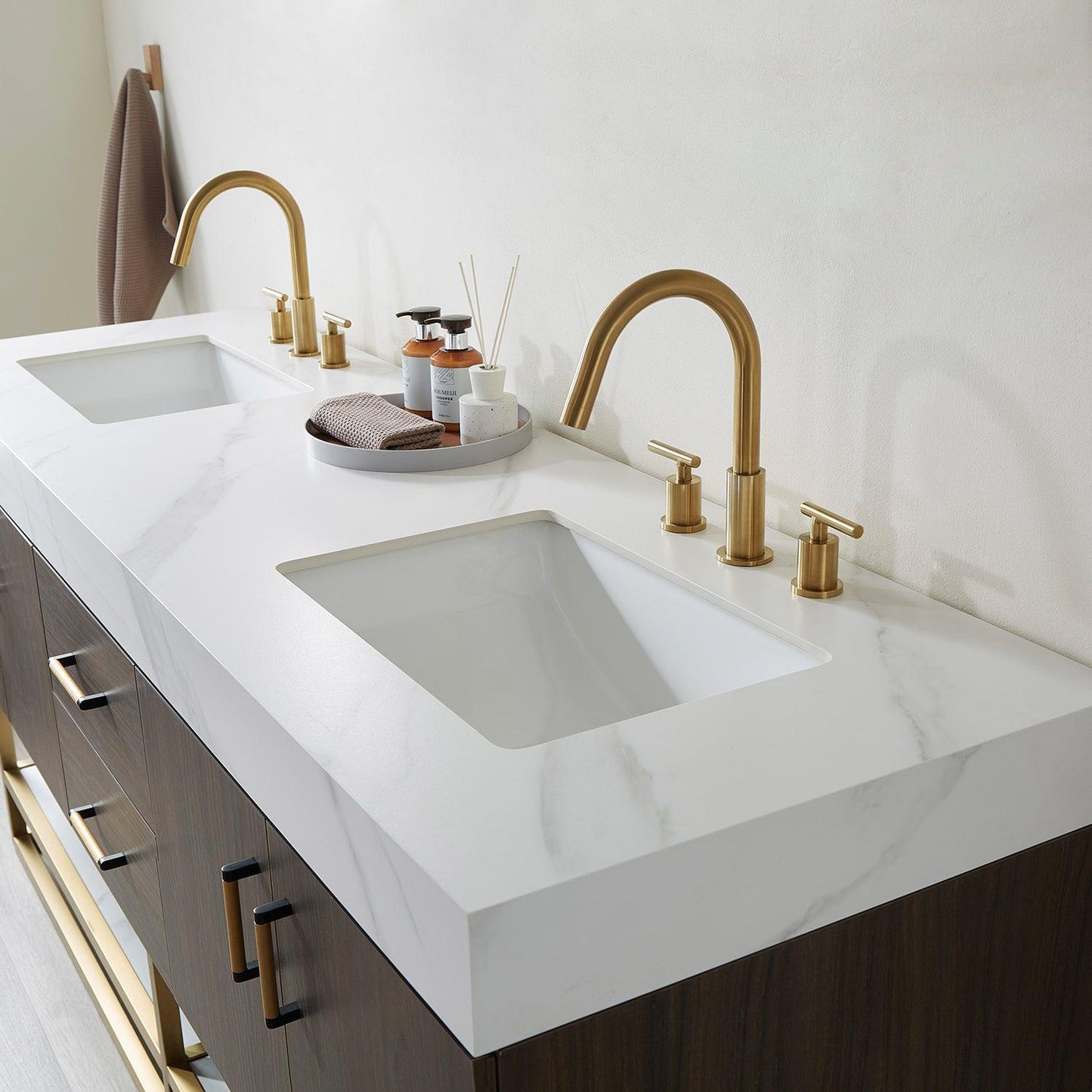 Vinnova Toledo 72" Double Sink Bath Vanity In Dark Walnut Finish With White Sintered Stone Top