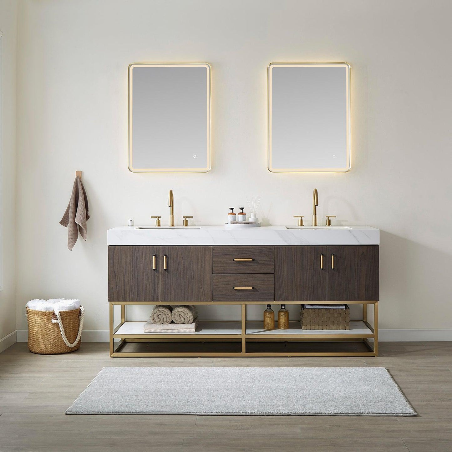 Vinnova Toledo 72" Double Sink Bath Vanity In Dark Walnut Finish With White Sintered Stone Top And Mirror