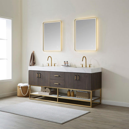 Vinnova Toledo 72" Double Sink Bath Vanity In Dark Walnut Finish With White Sintered Stone Top And Mirror