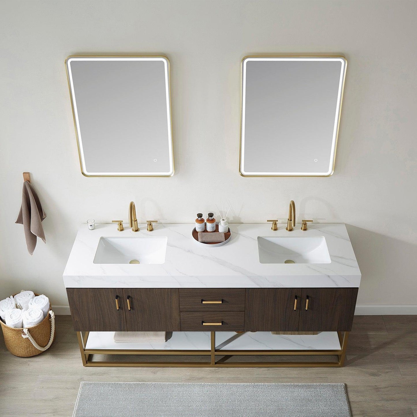 Vinnova Toledo 72" Double Sink Bath Vanity In Dark Walnut Finish With White Sintered Stone Top And Mirror