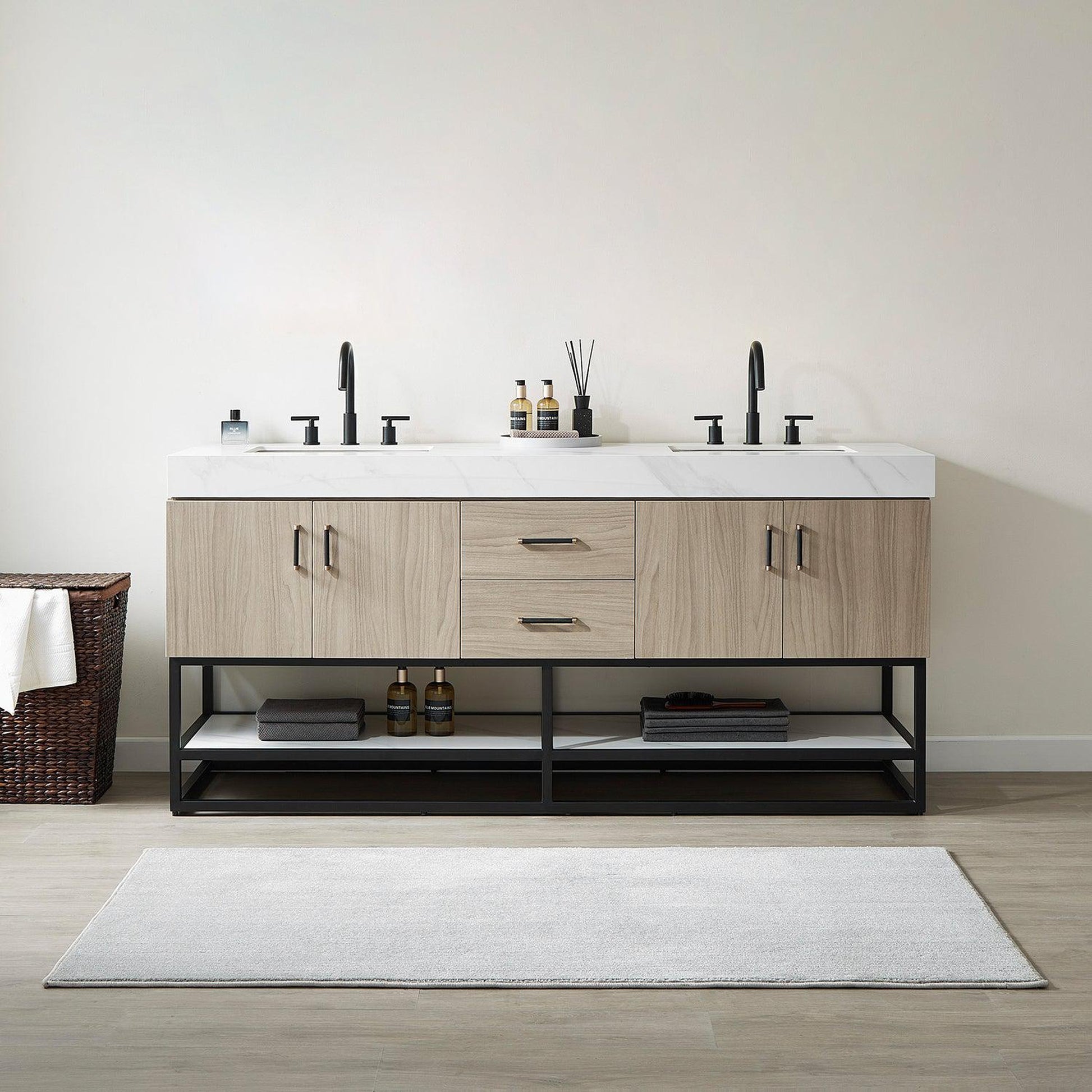 Vinnova Toledo 72" Double Sink Bath Vanity In Light Walnut Finish With White Sintered Stone Top