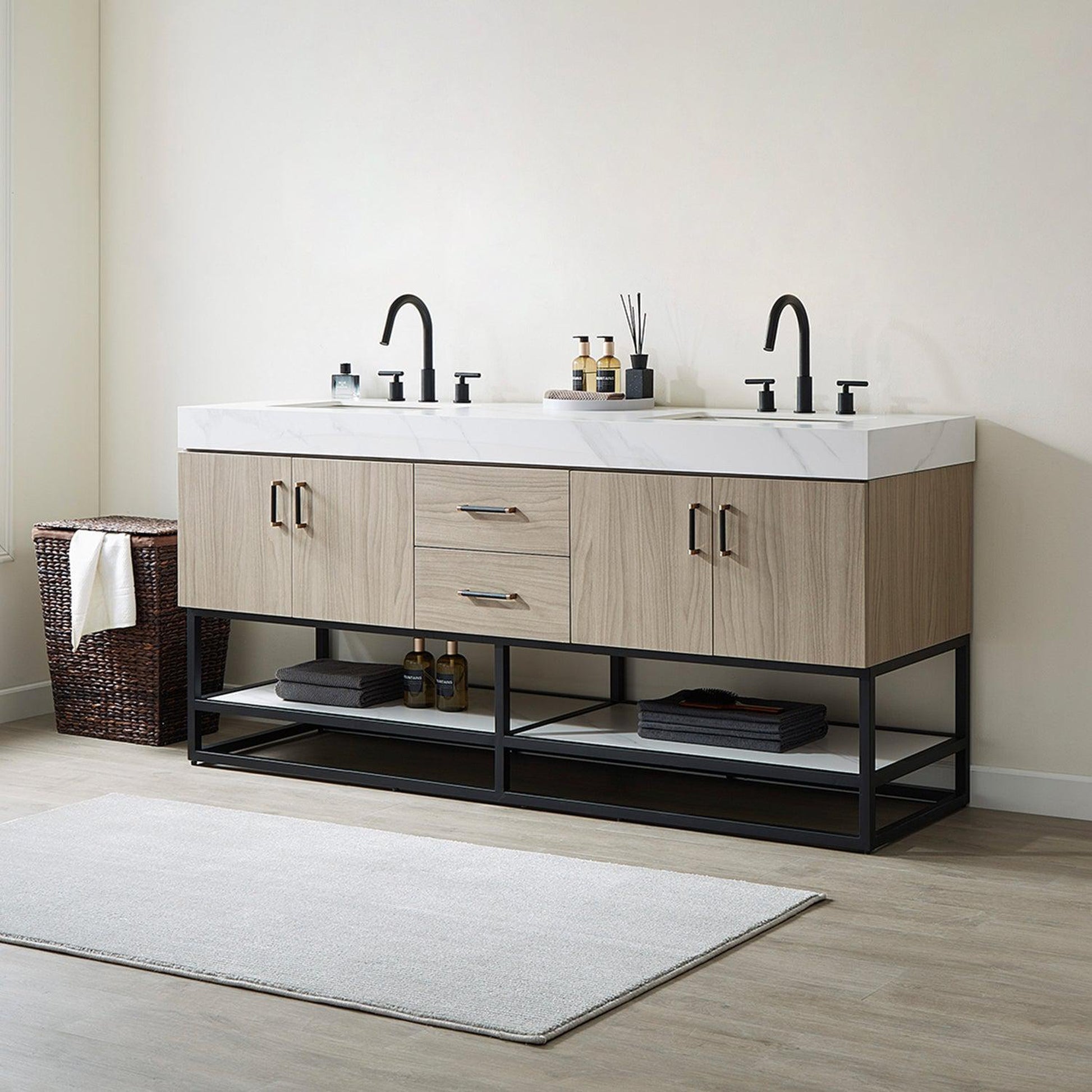 Vinnova Toledo 72" Double Sink Bath Vanity In Light Walnut Finish With White Sintered Stone Top