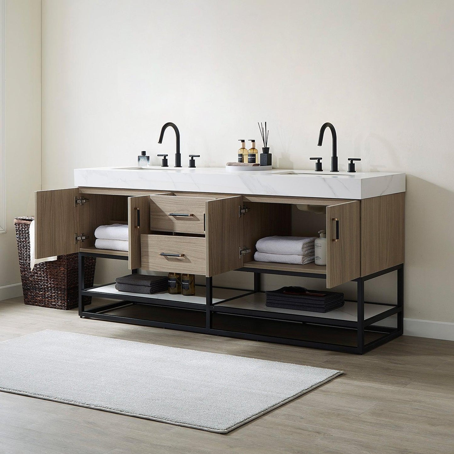 Vinnova Toledo 72" Double Sink Bath Vanity In Light Walnut Finish With White Sintered Stone Top