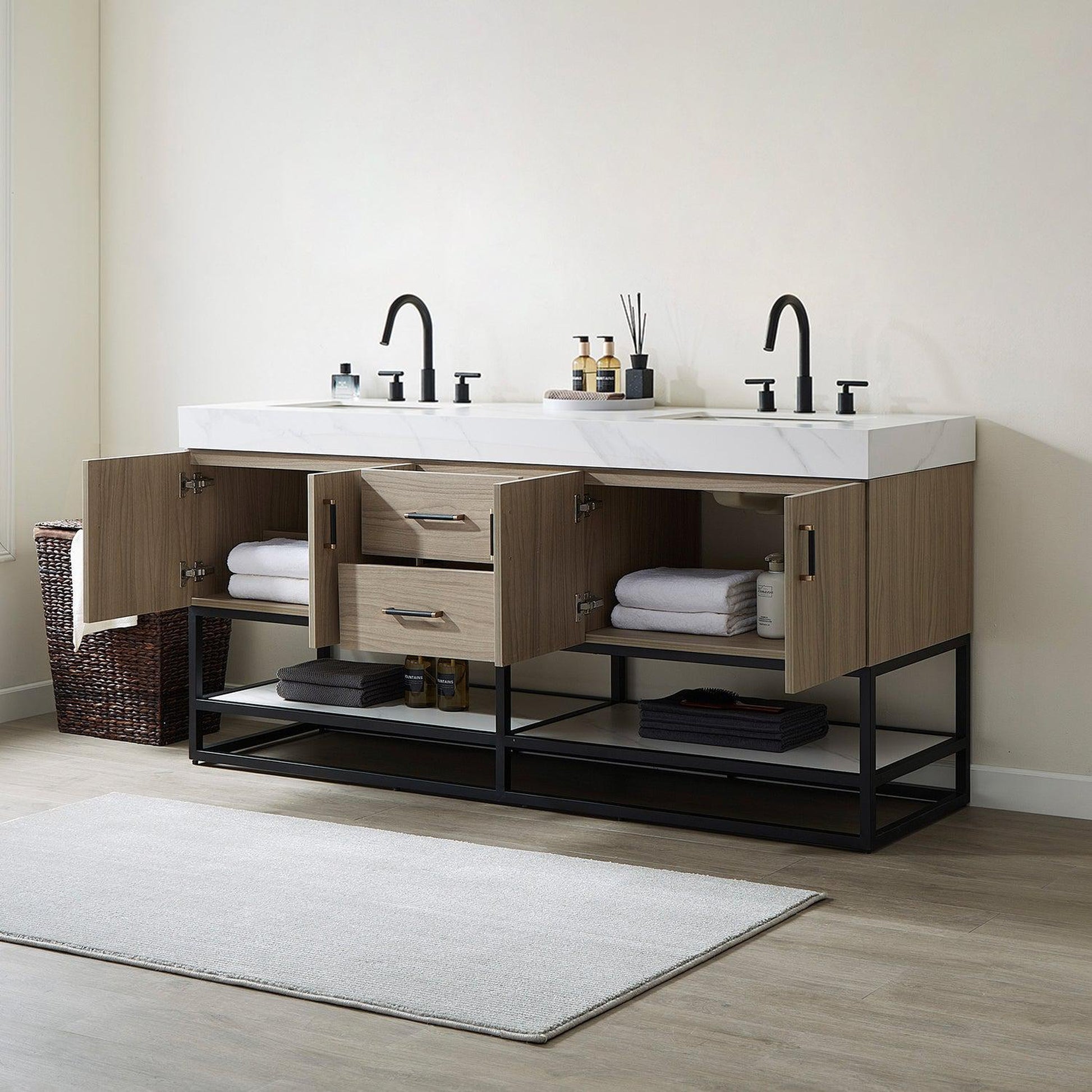 Vinnova Toledo 72" Double Sink Bath Vanity In Light Walnut Finish With White Sintered Stone Top